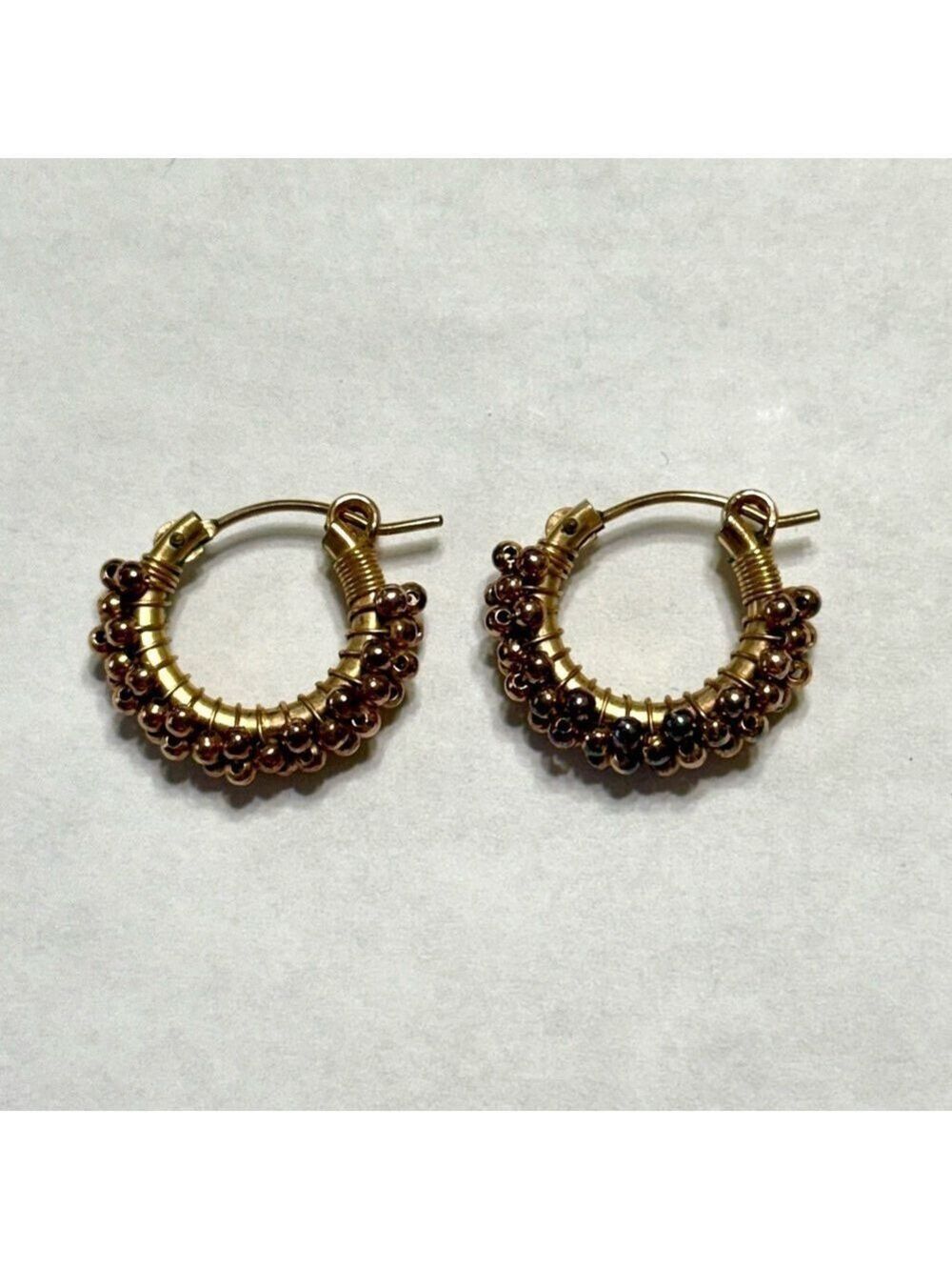 Gold Filled Huggie Hoop Earrings Wire Wrapped Beaded Rose Gold